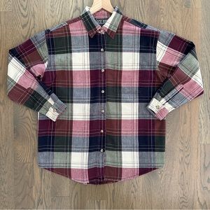 Anthropologie Vintage Plaid Long Sleeve Button Down Cranberry, Navy, Cream Large